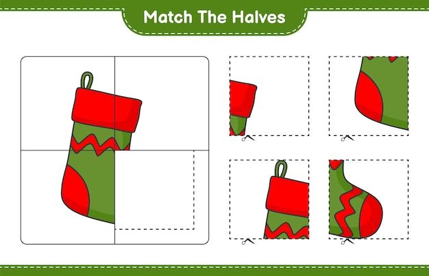 Coincidir con las mitades coincidir con las mitades del calcetín de navidad juego educativo para niños hoja de cálculo imprimible ilustración vectorial