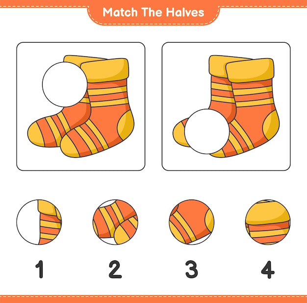 Coincidir con las mitades Coincidir con las mitades de calcetines Juego educativo para niños hoja de cálculo imprimible ilustración vectorial