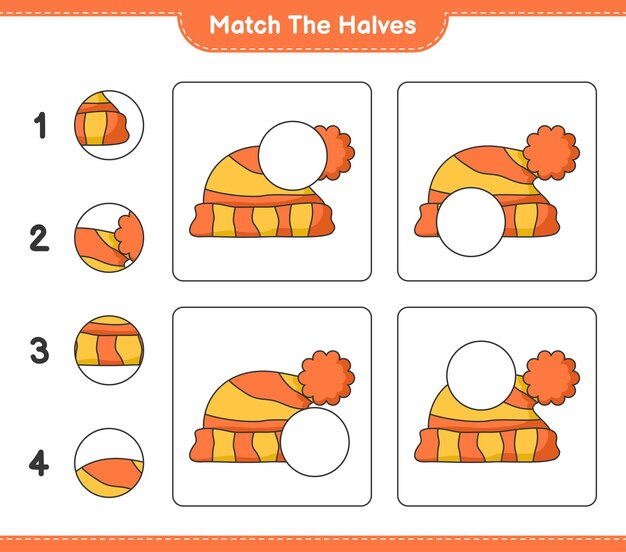 Coincidir con las mitades Coincidir con las mitades de Hat Juego educativo para niños hoja de cálculo imprimible ilustración vectorial