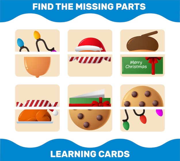 Coincidir con piezas de Navidad de dibujos animados. Juego de correspondencias. Juego educativo para niños y niños pequeños en edad preescolar.