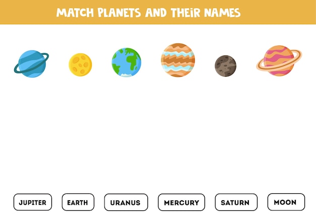 Coincidir planetas y sus nombres. juego educativo para niños. hoja de trabajo de lectura para niños.