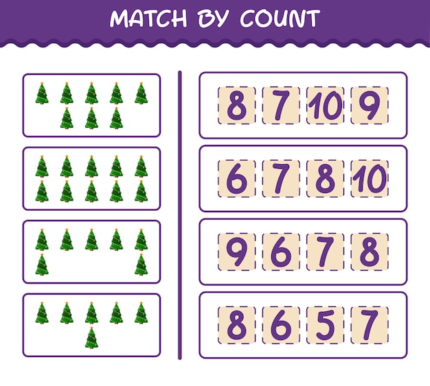Coincidir por recuento de árbol de Navidad de dibujos animados. Emparejar y contar juego. Juego educativo para niños y niños pequeños en edad preescolar.
