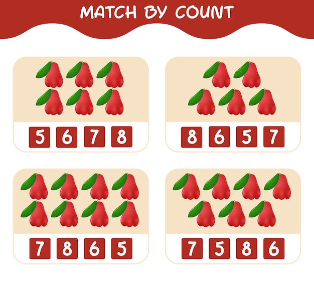 Coincidir por recuento de manzanas de dibujos animados. Emparejar y contar juego. Juego educativo para niños y niños pequeños en edad preescolar.