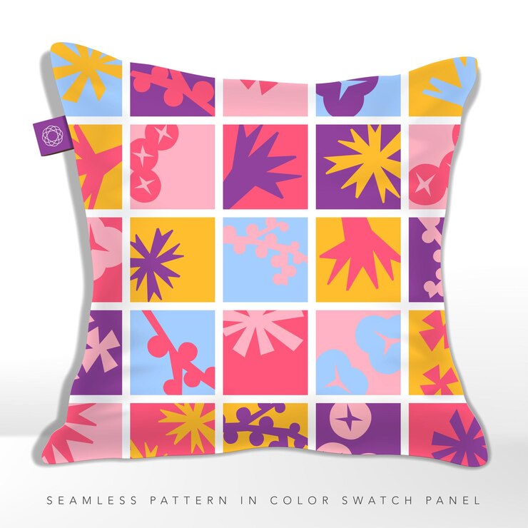 Cojín con patrón cuadrado transparente floral minimalista vibrante japonés