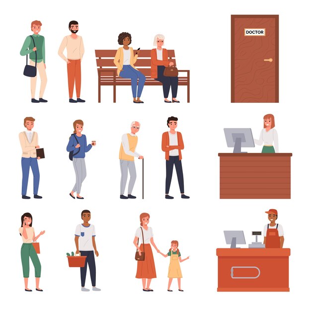 Cola de personas Clientes de diferentes edades y nacionalidades de pie esperando hombres y mujeres alineados personas sentadas fila Supermercado caja registradora mostrador médico puerta vector conjunto