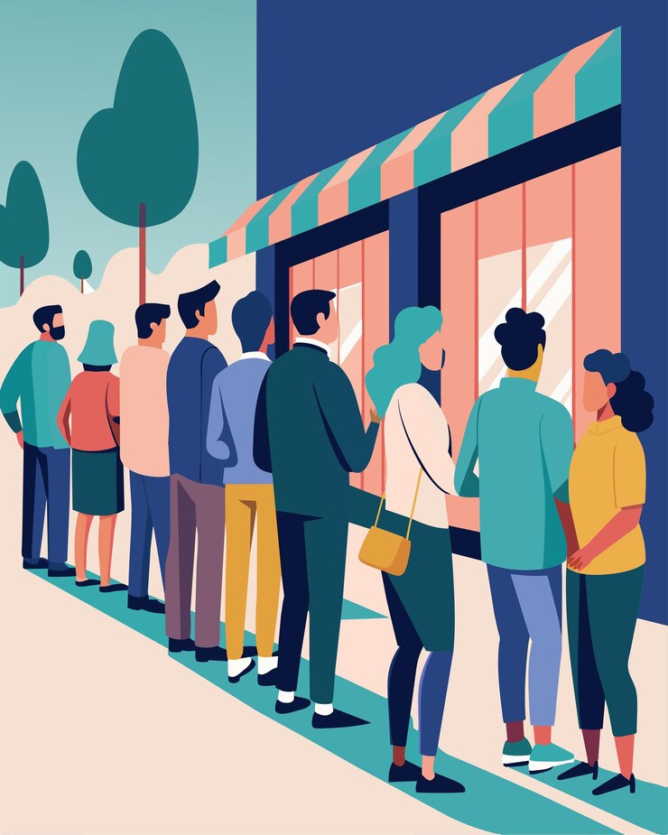 Vector una cola que rodea la cuadra afuera de una tienda de moda con personas esperando ansiosamente para comprar