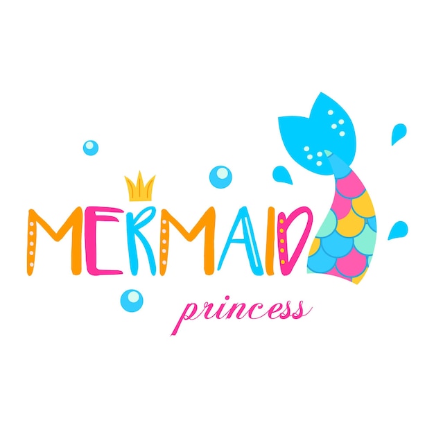 Vector cola de sirena y tipografía princesa sirena plantilla para niñas imprime pegatinas accesorios de fiesta