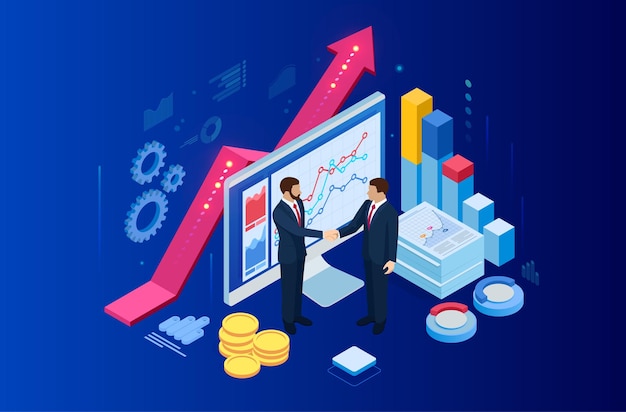 Colaboración empresarial exitosa isométrica Hombres de negocios dándose la mano Datos B2B e indicadores clave de rendimiento para análisis de inteligencia empresarial