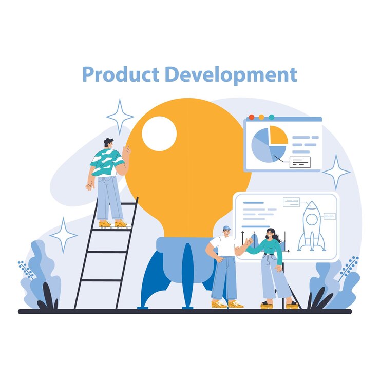 Vector colaboración del equipo de desarrollo de conceptos de productos en soluciones innovadoras que trazan el progreso con datos