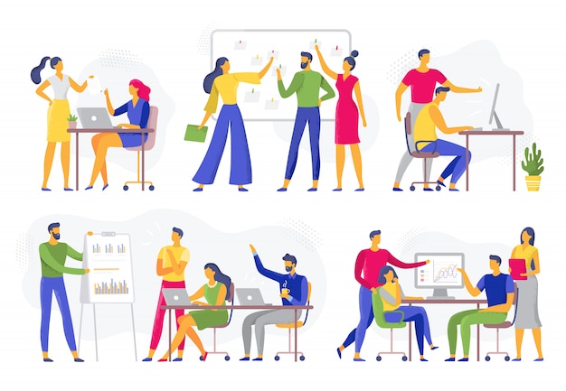 Colaboración en equipo. Reunión de taller de trabajo en equipo, lluvia de ideas creativas y equipos de trabajadores de oficina conjunto de ilustración plana