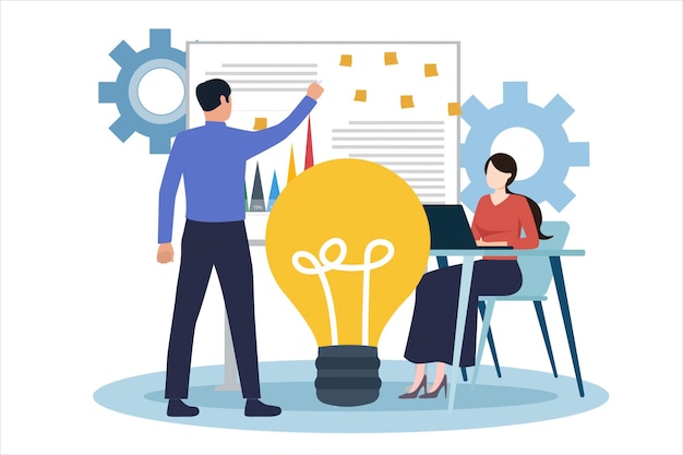 Colaboración de innovación y análisis en las discusiones empresariales Ilustración vectorial