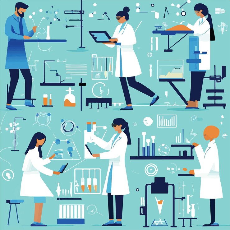 Vector colaboración entre investigadores que analizan la ilustración vectorial de datos