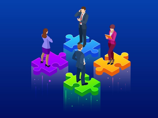 Colaboración isométrica y concepto de trabajo en equipo. Papel tapiz simple de rompecabezas de 4 piezas. ilustración vectorial