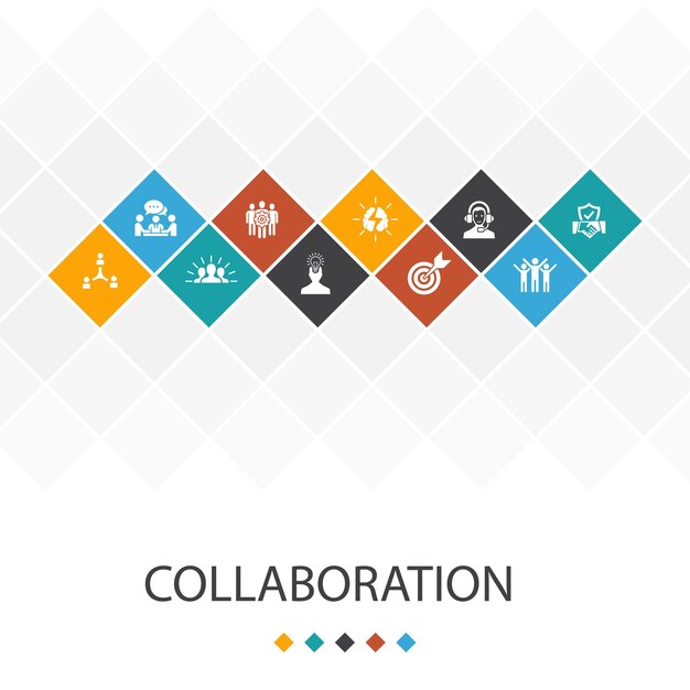 Colaboración plantilla de interfaz de usuario de moda concepto de infografía trabajo en equipo apoyo comunicación motivación iconos simples