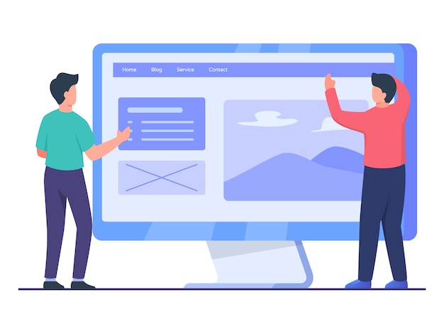 La colaboración de trabajo del diseñador del hombre con el socio en la computadora de pantalla grande frontal crea un buen diseño de sitio web de interfaz de usuario con estilo plano de dibujos animados.