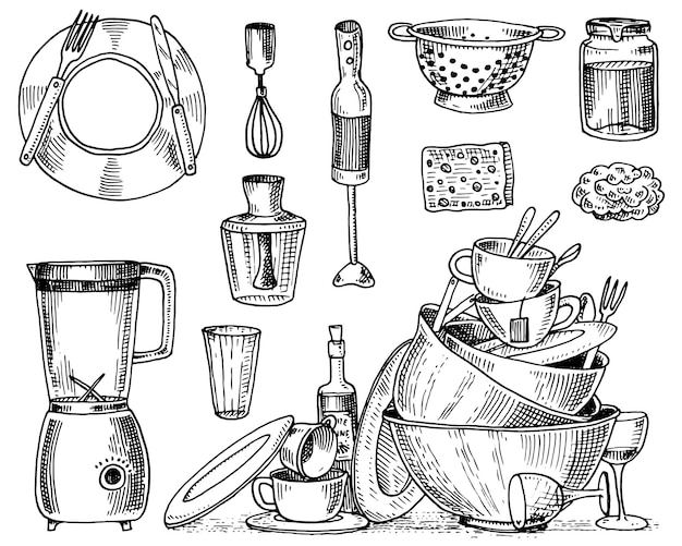 Vector colador licuadora y exprimidor platos sucios mermelada y esponja para lavar chef y utensilios de cocina sucios cosas de cocina para la decoración del menú grabado dibujado a mano en boceto antiguo o estilo vintage