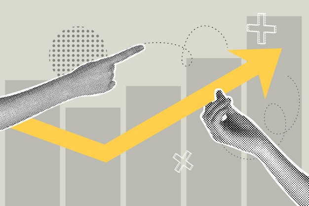 Colage artístico del concepto de crecimiento empresarial Medios tonos de manos levantando un gráfico con una flecha hacia arriba