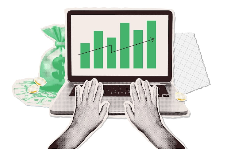 Vector colage contemporáneo de medio tono con las manos una computadora portátil y dinero con gráfico creciente grunge yk medios mixtos
