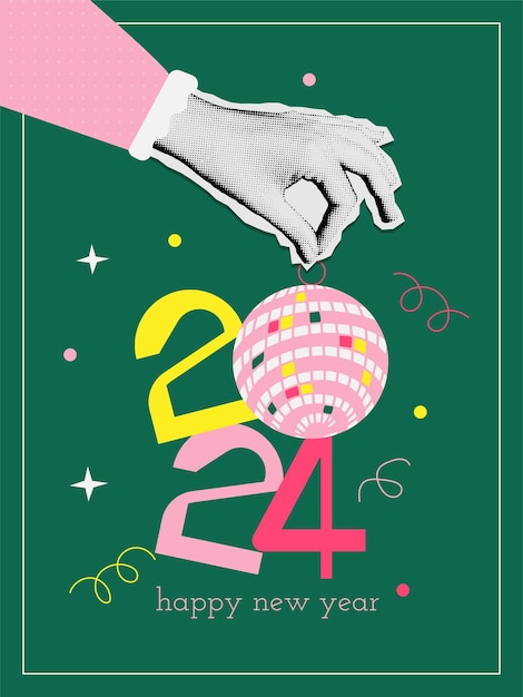 Colage de Feliz Año Nuevo 2024 en el estilo de colage groovy de moda Número de mano de media tonalidad 2024 con bola de espejo Estandarte de Año Nuevo Retro para fiesta de cartel de decoración Ilustración vectorial