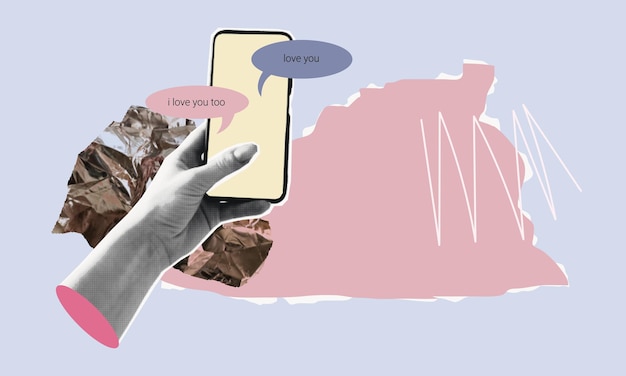 Colage de la mano sosteniendo el teléfono inteligente con mensajes