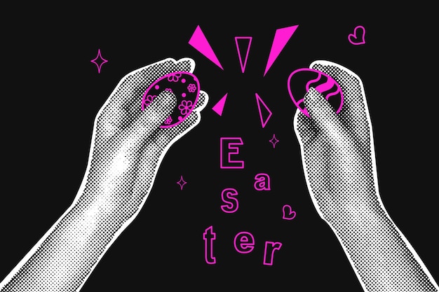 Colage de media tonalidad de moda en fondo oscuro Manos con huevos pintados para las vacaciones de Pascua Saludo de Pascua