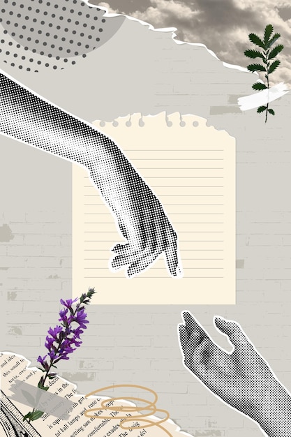 Colage de medio tono de moda Colage de bandera vectorial de flores y manos de papel rasgadas Estilo retro de moda