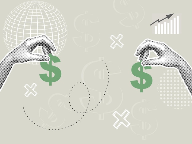 Colage de medio tono de moda del concepto de negocio Ilustración vectorial de ahorros de ganancias financieras