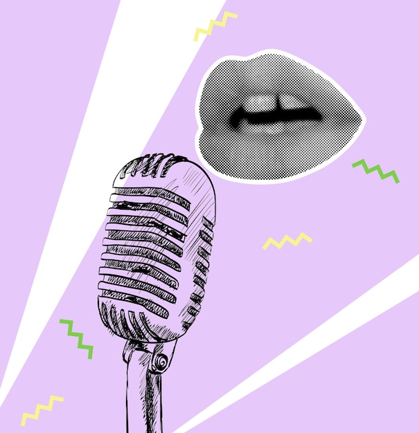 Colage de música vectorial con boceto de micrófono y labios en medio tono