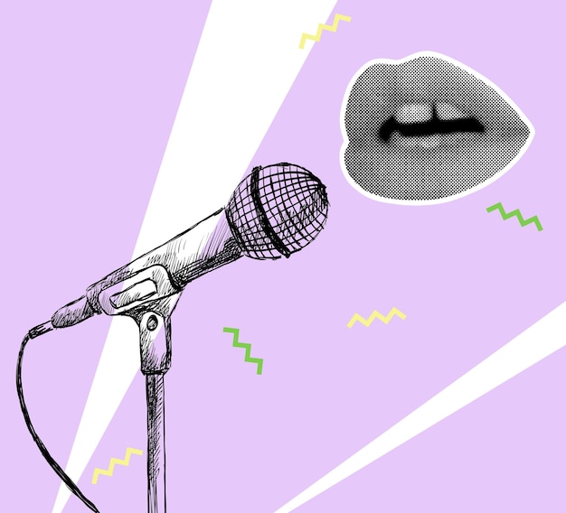 Colage de música vectorial con boceto de micrófono y labios en medio tono