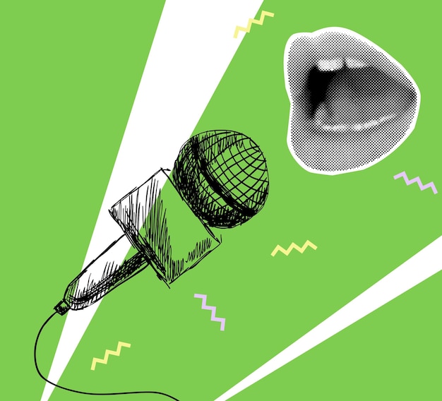 Colage de música vectorial con boceto de micrófono y labios en medio tono
