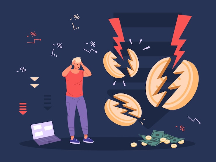 Vector el colapso de las monedas el colapso del dinero en el mercado criptográfico, el intercambio de divisas, la moneda rota, el fraude de bitcoin, la criptomoneda, el hombre triste, el inversor, la crisis financiera, la ilustración del riesgo de inversión.