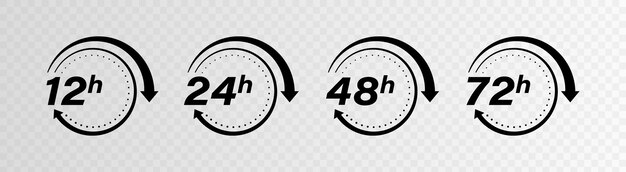 Colección 12 24 48 y 72 horas iconos de vector de flecha de reloj Diseño para el negocio de orden de servicio de entrega Ilustración vectorial