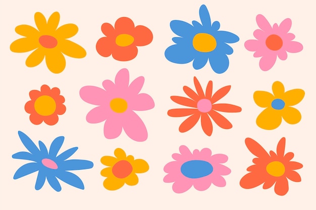 Una colección de 12 flores de estilo retro coloridas dibujadas en un estilo de garabateo suelto genial para el bricolaje