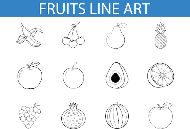 Una colección de 12 frutas representadas en un estilo de arte de línea simple, incluida la pera de cereza de plátano