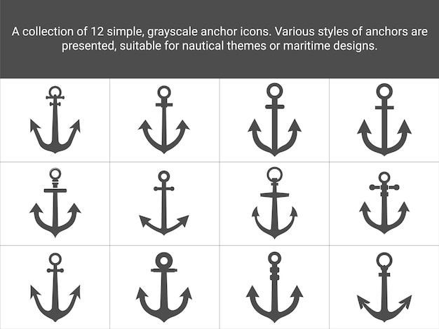 Una colección de 12 siluetas Iconos de anclaje náutico Símbolos marítimos Diseños náuticos