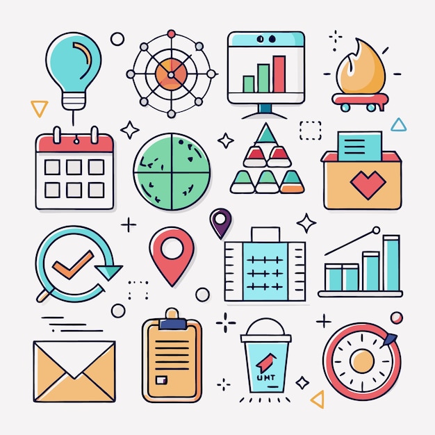 Una colección de 15 iconos empresariales cada uno representando un aspecto diferente del mundo de los negocios