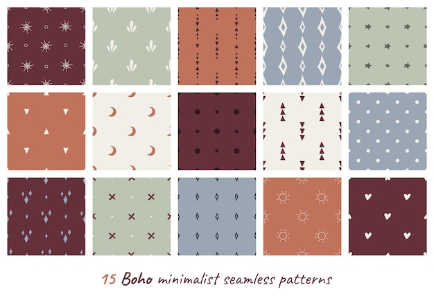 Colección de 15 patrones sin costuras dibujados a mano en estilo boho azulejos vectoriales acogedores con elementos simples