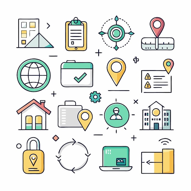 Una colección de 16 iconos coloridos que representan varios conceptos relacionados con la tecnología de ubicación y los negocios