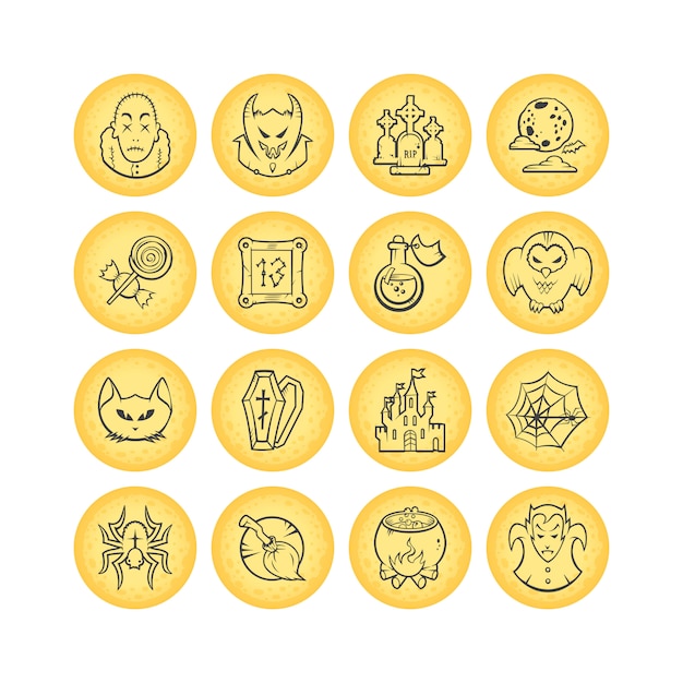 Vector colección de 16 iconos de halloween boceto círculo. ilustración.