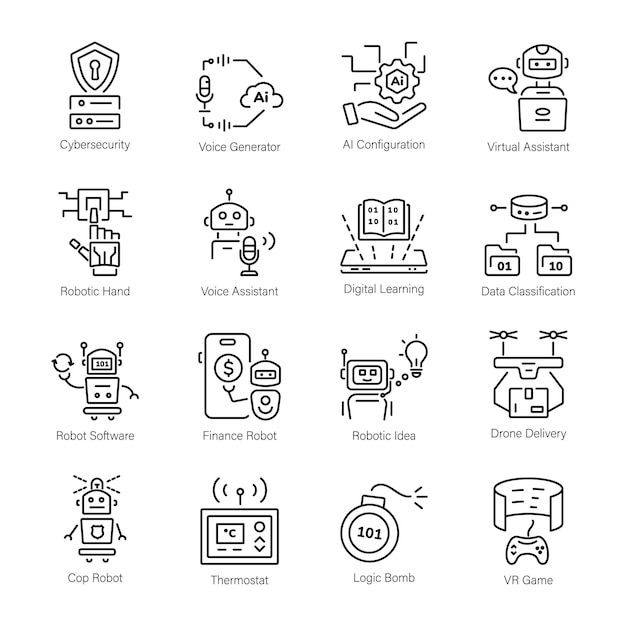 Colección de 16 íconos lineales de inteligencia artificial