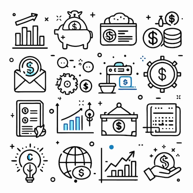 Una colección de 16 iconos que ilustran diferentes aspectos de las finanzas, incluido el ahorro, el crecimiento, el ingreso y las inversiones