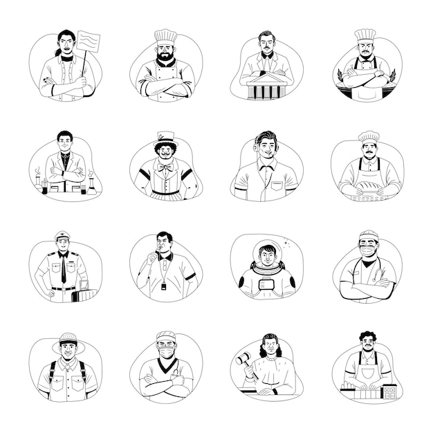 Colección de 16 ilustraciones de glifos de personas profesionales