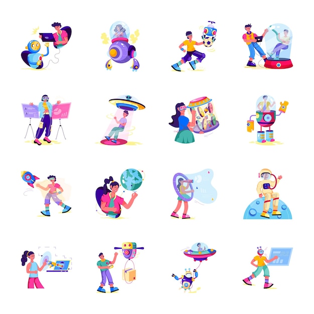 Colección de 16 ilustraciones planas de la tecnología futura