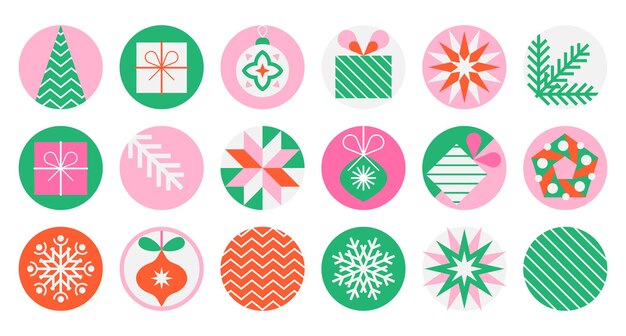 Colección de 18 iconos festivos de vacaciones en diseño circular elementos de Navidad y Año Nuevo