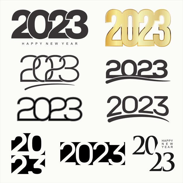 Colección de 2023 diseño de texto de logotipo de feliz año nuevo aislado sobre fondo blanco