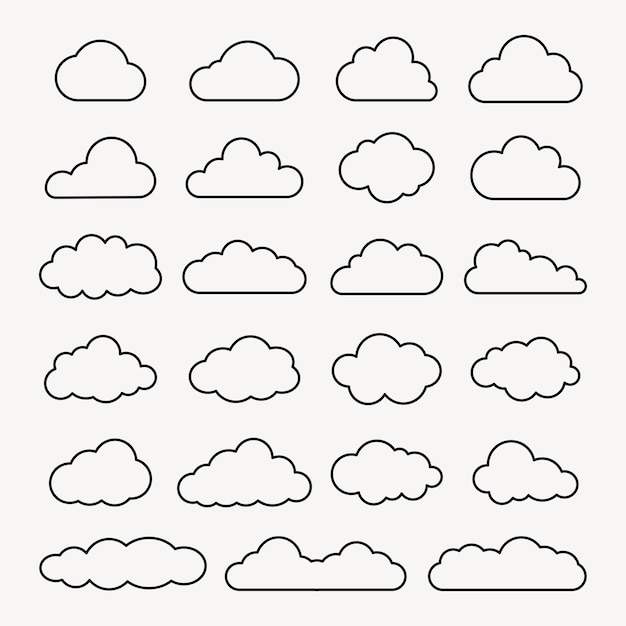 Colección de 24 íconos de nubes en varias formas Diseños de nubes simples Nubes delineadas Diversas formas de nubes Perfecto para aplicaciones meteorológicas Gráficos y diseños de nube Conjunto de vectores de ilustración meteorológica