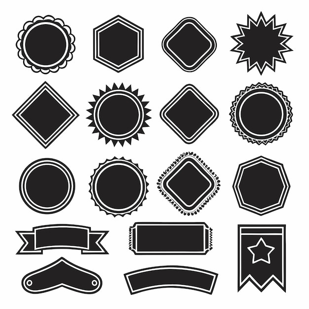 Una colección de 24 insignias de silueta negra y iconos de etiquetas en varias formas