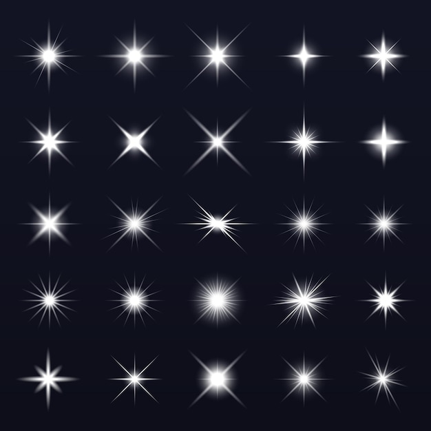 Una colección de 25 efectos de estallido de estrellas blancos brillantes en un fondo oscuro La luz y los efectos brillantes de las estallidas de estrellas crean un diseño radiante brillante Conjunto de elementos vectoriales de efecto de superposición