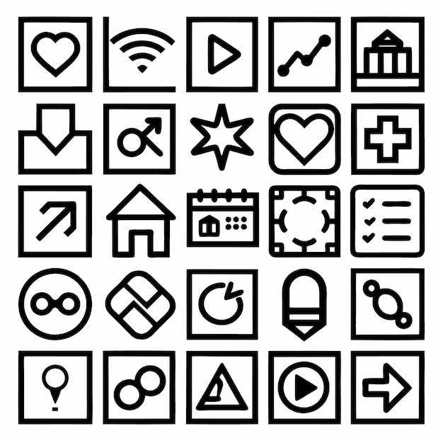 Colección de 25 íconos cuadrados en blanco y negro
