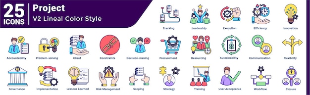 Una colección de 25 iconos con un estilo de color lineal del tema de Proyectos